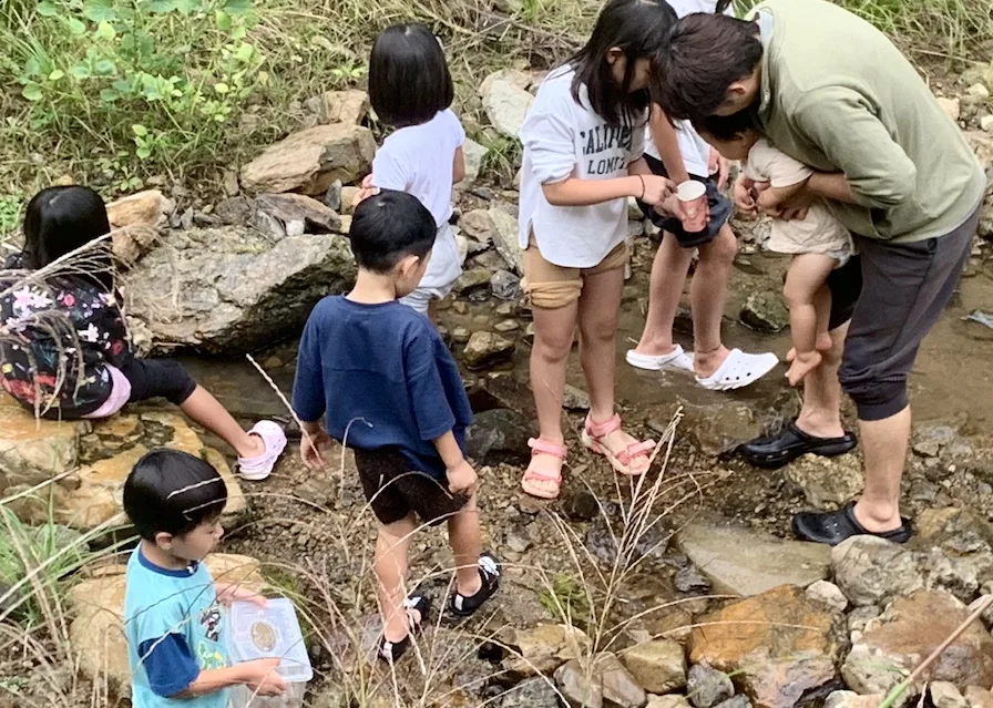 関西の親子英語キャンプでの川遊び体験